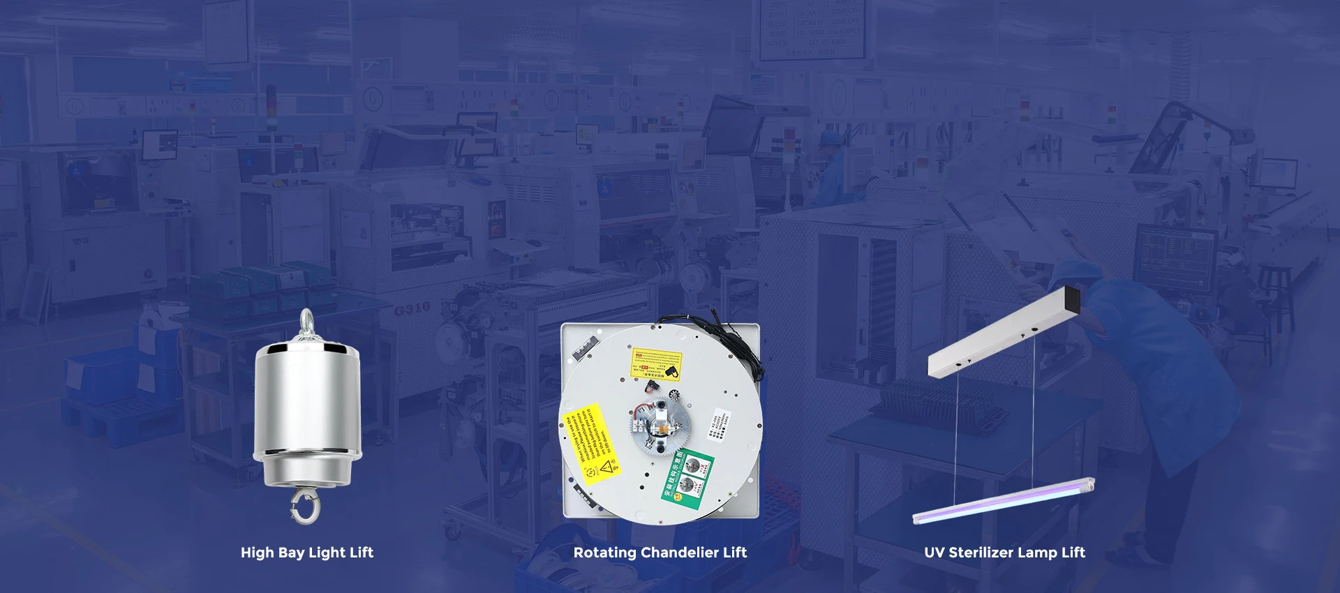 Commercial and industrial light lifting equipment manufacturer for chandelier, high bay and UV light systems